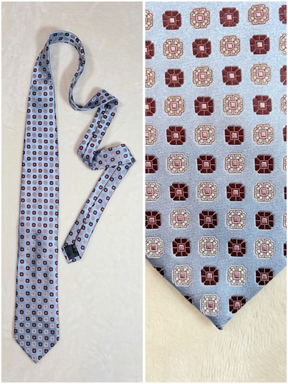 Ermenegildo Zegna Men's Geometric Light Blue Burgundy Pink Silk‎ Woven Tie